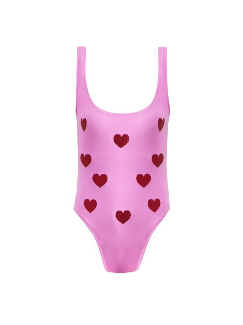 Amora Pink Kids Swimsuit With Red Embroidery Details