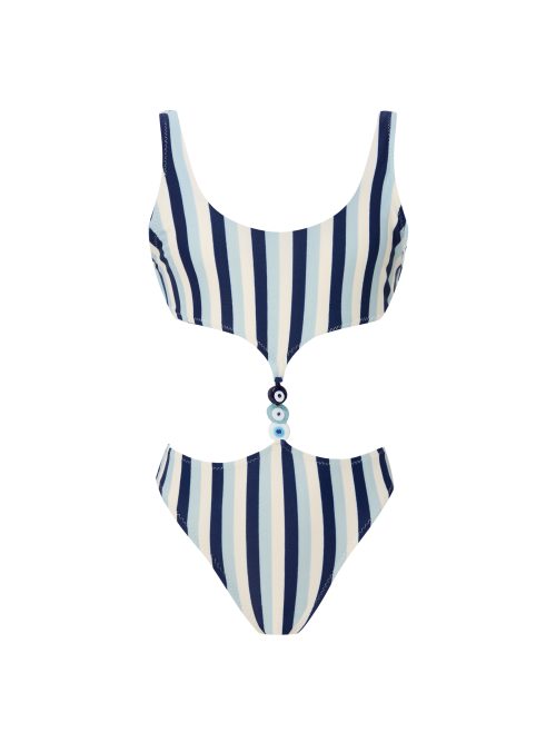 Lovekini Alya Blue Stripe Kids Swimsuit With Evil Eye Glass Beads Accessory