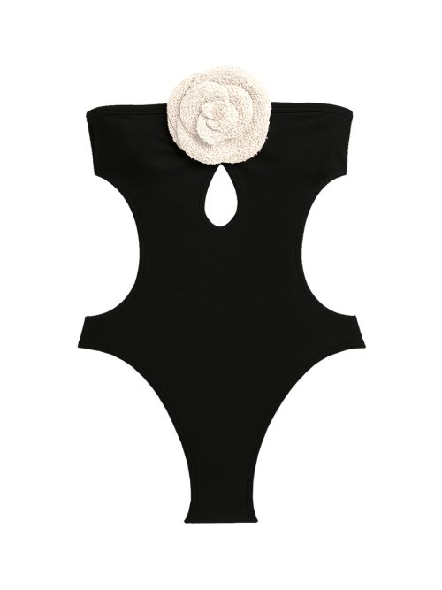 Rosalia Black Swimsuit Handmade Macrame White Rose